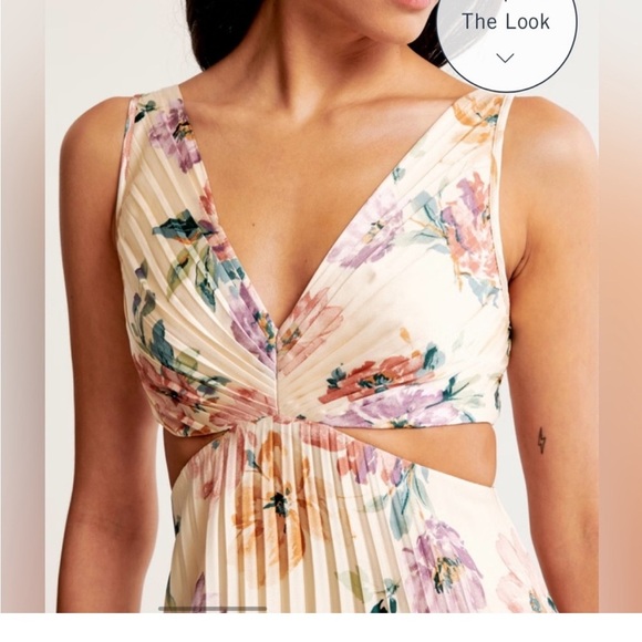 Abercrombie Fitch A&F Satin Giselle Pleated Cutout Maxi Midi Dress cream floral - Picture 9 of 13